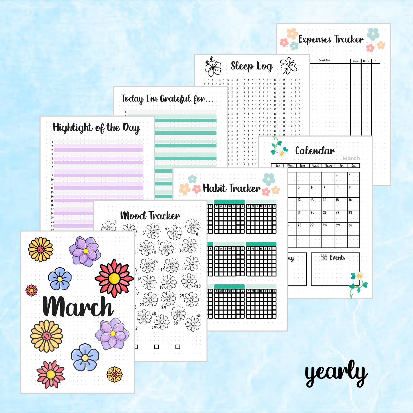 Digital Download PDF March Flowers Themed Monthly Spreads | 2025