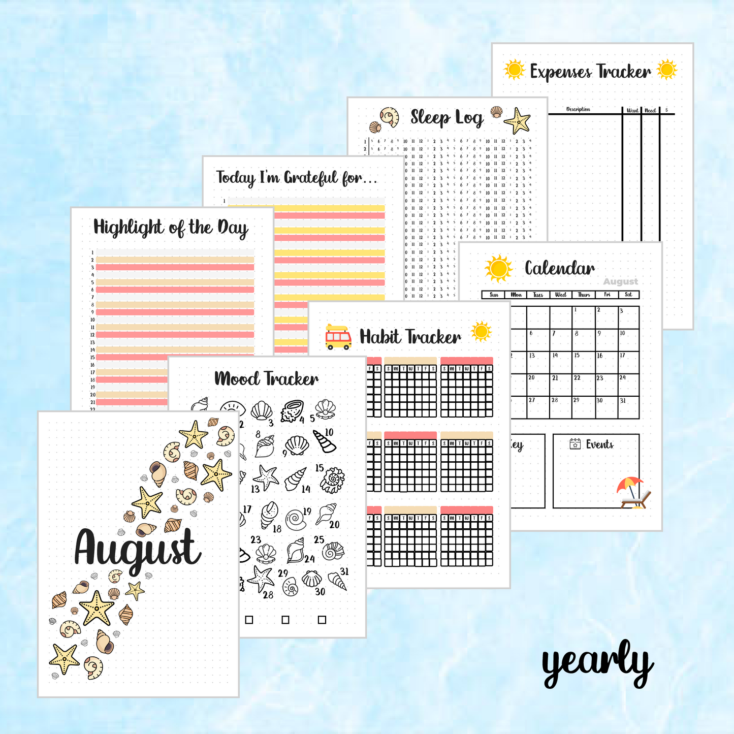 Digital Download PDF August Beach Themed Monthly Spreads | 2024