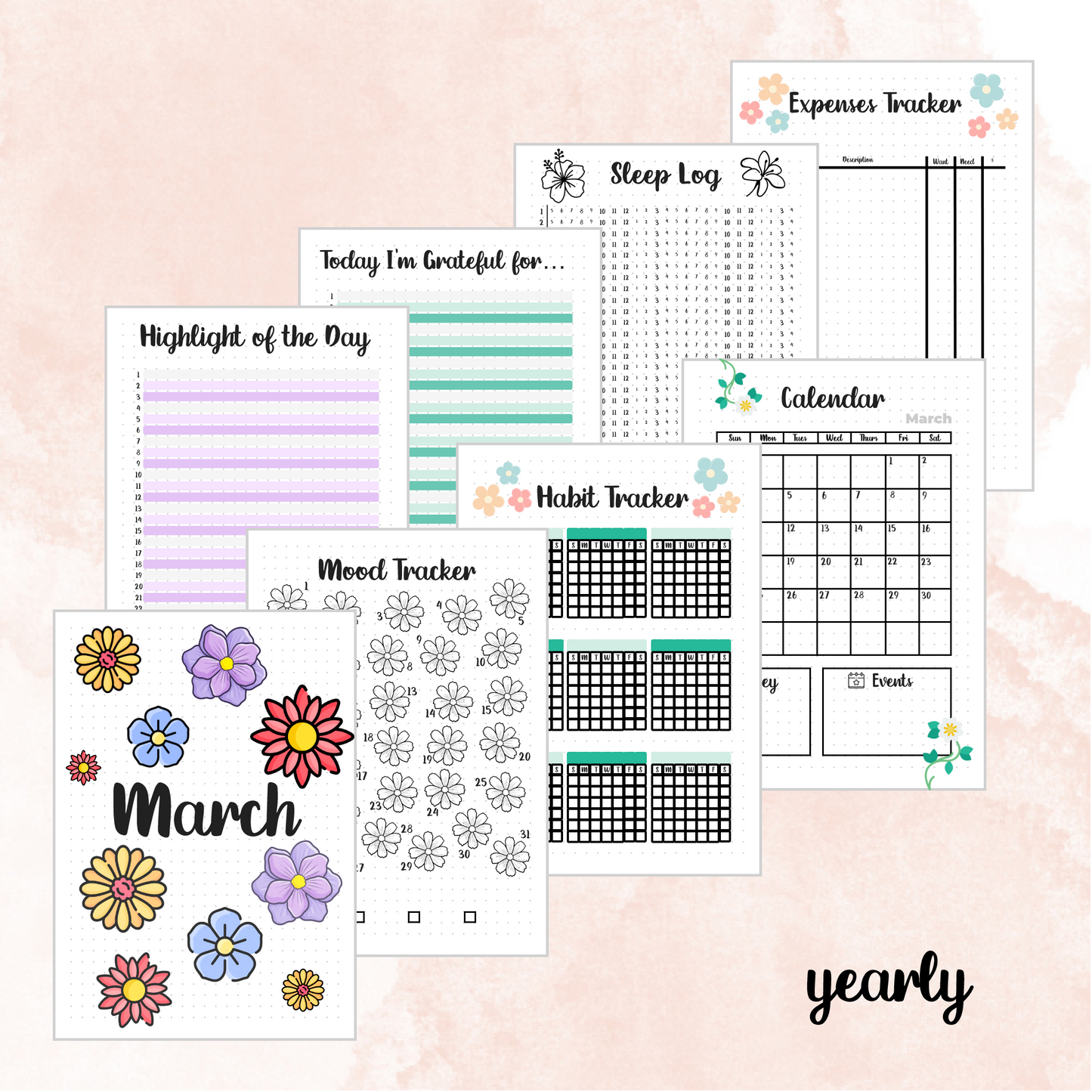 March Flowers Themed Monthly Spreads | 2024