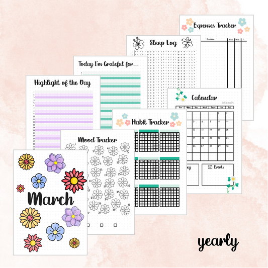 March Flowers Themed Monthly Spreads | 2024