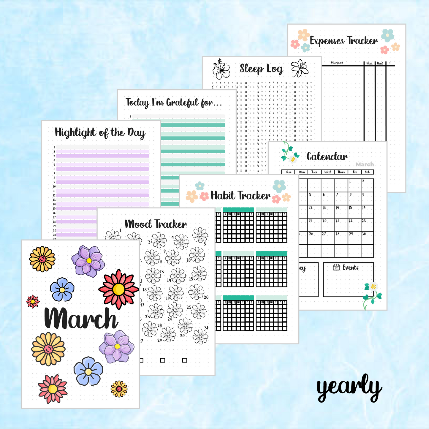 Digital Download PDF March Flowers Themed Monthly Spreads | 2024