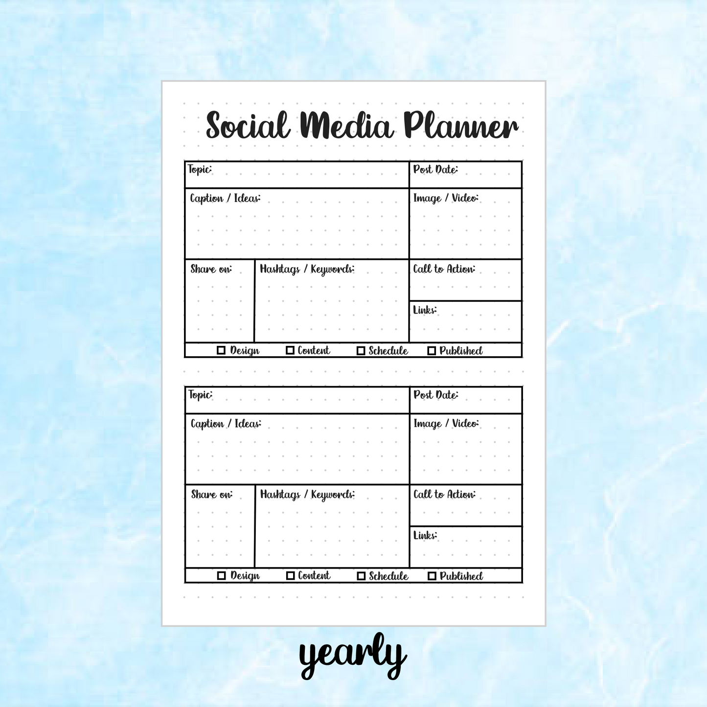 Digital Download PDF Social Media Planner Page